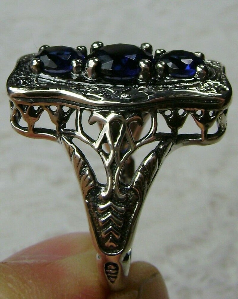 Design#60 In Stock 3Stone Edwardian Art Deco Filigree Sapphire Ring Size 7-Solid Sterling Silver Simulated Blue Sapphire