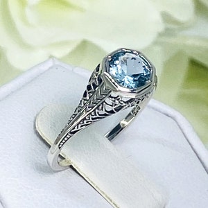 Natural Sky Blue Topaz or Aquamarine Ring/ Sterling Silver/ Victorian Wedding Dandelion Filigree [Made To Order] Design#205