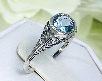 Natural Sky Blue Topaz or Aquamarine Ring/ Sterling Silver/ Victorian Wedding Dandelion Filigree [Made To Order] Design#205