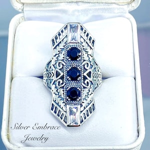 Black & White CZ Ring | Trinity Cubic Zirconia with Sterling Silver 925 Long Art Deco 1930s Filigree [Made to Order] Design#214