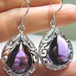 Purple Amethyst Earrings/ Solid Sterling Silver/ 12ctw Pear Teardrop Simulated Purple Amethyst Dangle Filigree[Custom Made] Design#E28