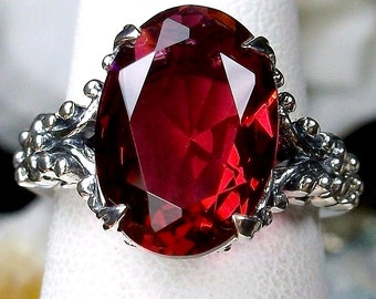 Anillo de rubí rojo, gema de corte ovalado de 6 quilates con filigrana gótica de plata de ley [Hecho a medida] Diseño n.° 113