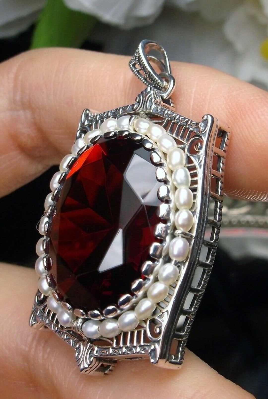 Ruby Pendant/ Solid Sterling Silver/ Pearl Trimmed Simulated Red Ruby ...