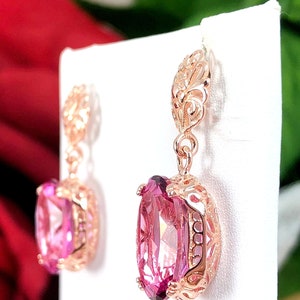 Natural Pink Topaz Earrings/ Rose Gold & Sterling Silver/ Oval 13ctw Dangle Drop Edwardian Art Deco Filigree [Made To Order] Design#70