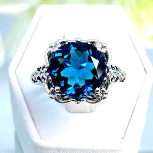 London Blue Topaz Ring / 925 Sterling Silver/ 7ct Round Natural Or Simulated Gem Victorian Filigree [Made To Order] Speechless Design#103