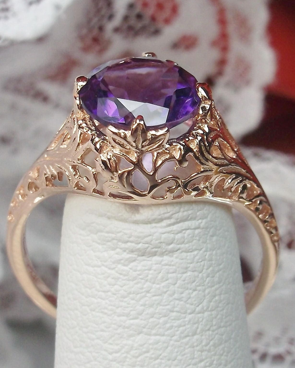 Antique Right Hand Ring Victorian 5.52 Oval Cut Amethyst in 14K Rose G -  Filigree Jewelers