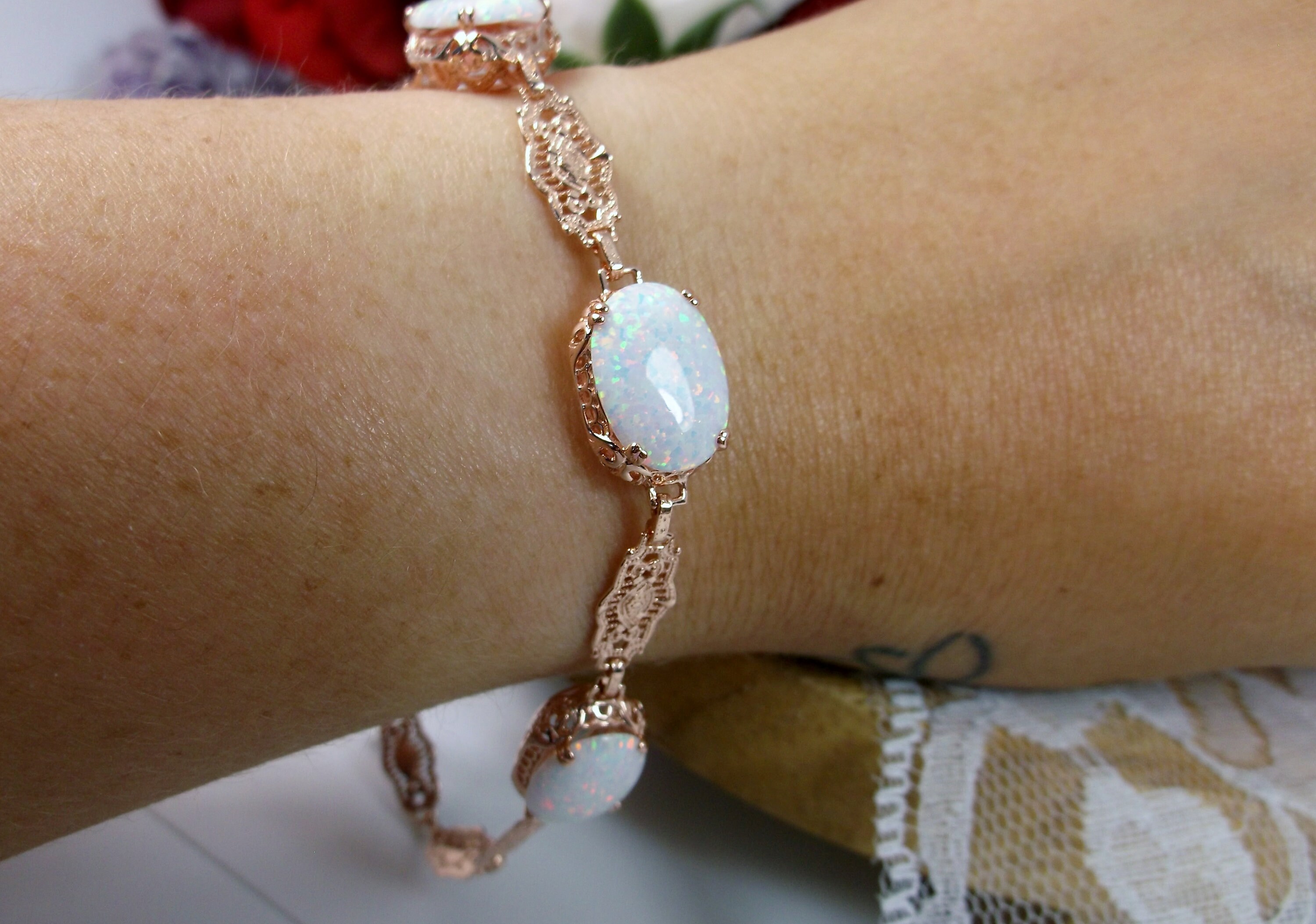 ブレスレット 24K Gold Plated White Opal Bracelet White Opal Bracelet/rose Gold Plated Sterling Silver/ Oval