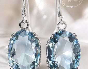 Aquamarine Earrings/ Sterling Silver/ Simulated Oval Blue Aquamarine Dangle Drop Edwardian/Deco Filigree Earrings [Made To Order] Design#70