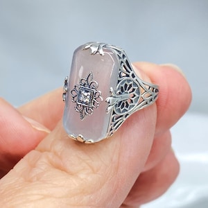 Camphor Glass Ring, Frosted Glass w/Inset CZ, Moissanite, or Diamond in Intricate Graceful Sterling Silver Filigree [Custom Made] Design#233