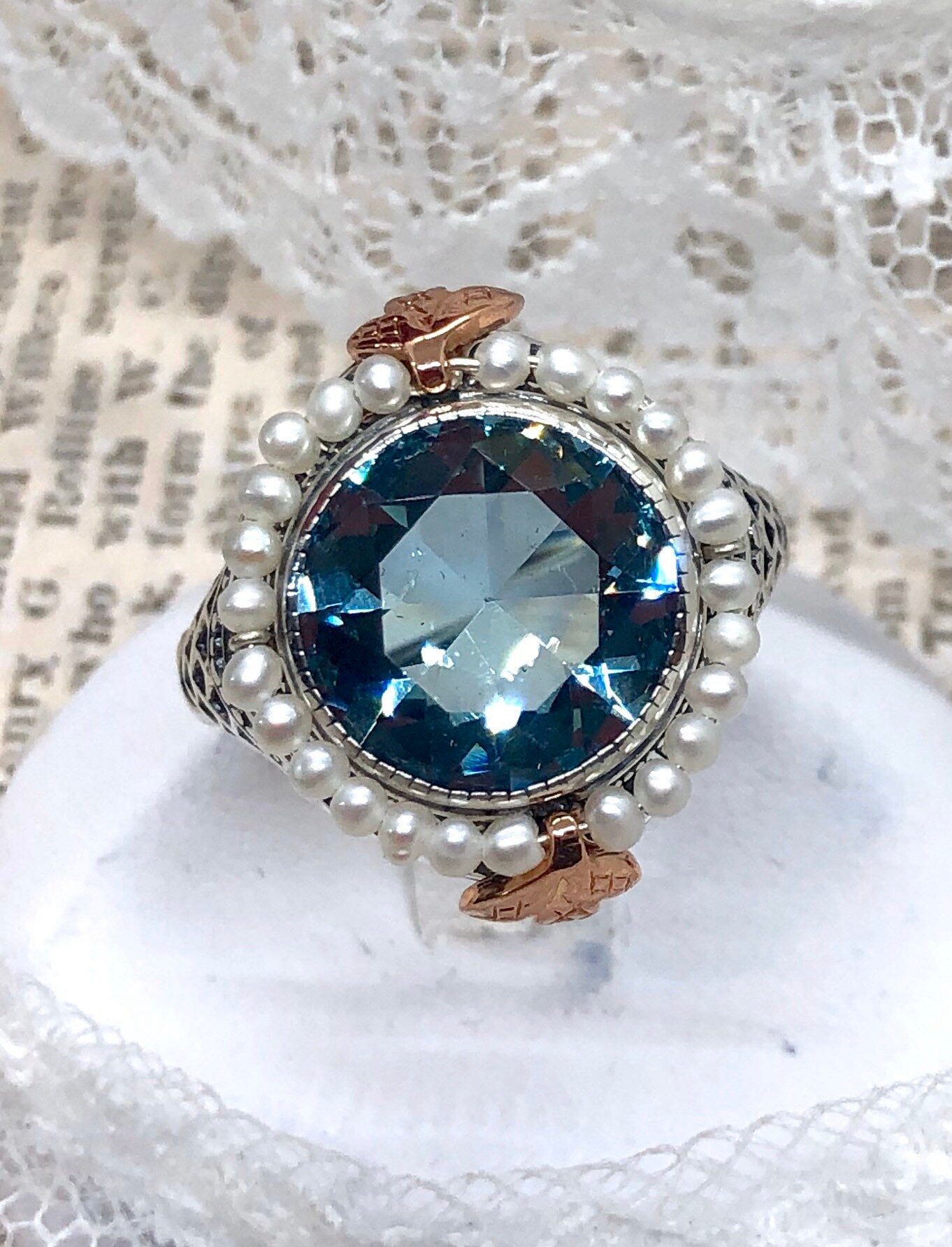Aquamarine Blue Seed Pearl Ring Sterling Silver Rose Gold