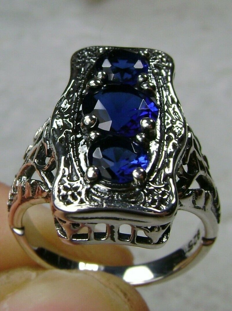 Design#60 In Stock 3Stone Edwardian Art Deco Filigree Sapphire Ring Size 7-Solid Sterling Silver Simulated Blue Sapphire