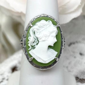 Cameo Ring/ Butterfly, Rose Flower, Lady Silhouette, Sterling Silver Victorian/Deco Filigree [Made To Order] Antique Design#230 Green & White Lady