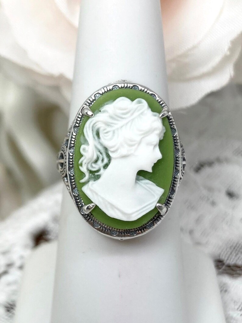 Cameo Ring/ Butterfly, Rose Flower, Lady Silhouette, Sterling Silver Victorian/Deco Filigree [Made To Order] Antique Design#230 Green & White Lady