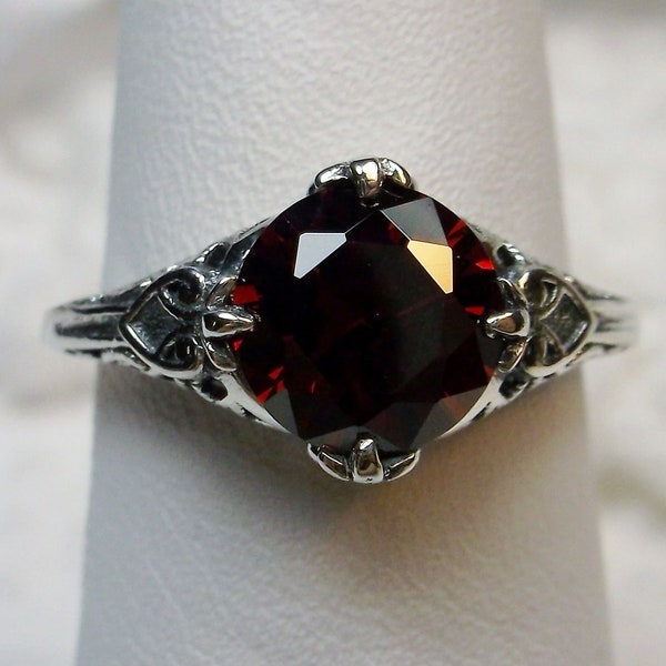 Natural Red Garnet Ring 925 Sterling Silver/ Faceted Solitaire Gemstone Victorian Knight Art Deco Filigree [Made To Order] Design#162