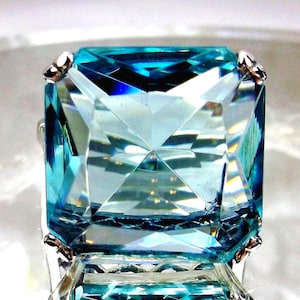 Aquamarijnblauwe ring, sterlingzilver 20 kt grote enorme vierkant geslepen edelsteen, vintage art-deco-revivalsieraden [op maat gemaakt] ontwerp #1