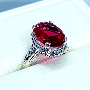 Ruby Ring • 6ct Oval Faceted Simulated Gem • Edwardian Sterling Silver Filigree • Custom Made | Design#70
