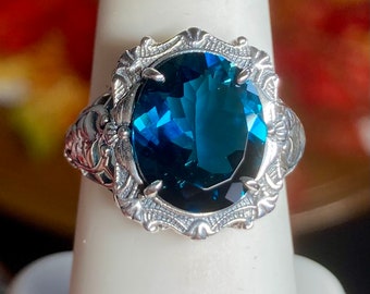 Natural London Blue Topaz Ring/ Sterling Silver/ 4.9ct Oval Natural Topaz Art Nouveau Beauty Filigree [Custom Made] Design#229