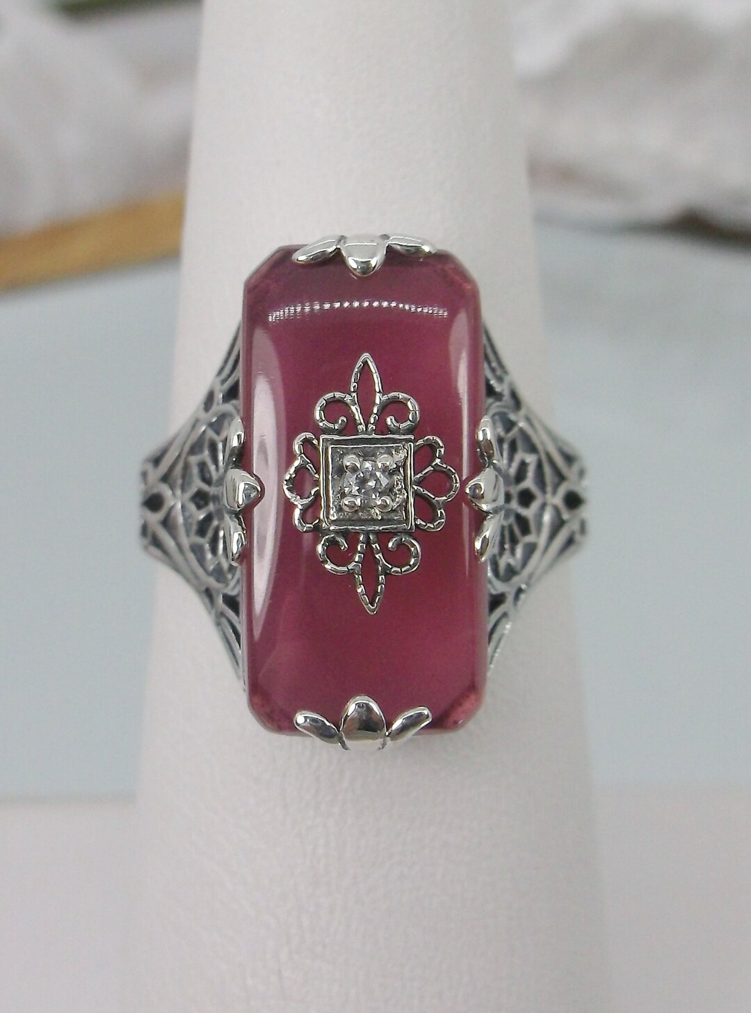 Rose Pink Glass Stone Ring Size 6 / Sterling Silver/ Embellished Rose