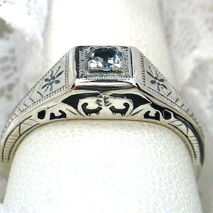 Aquamarijnring • Sterlingzilver art-deco filigraan • Gesimuleerd of natuurlijk • Op bestelling gemaakt • Antiek filigraan | D#155
