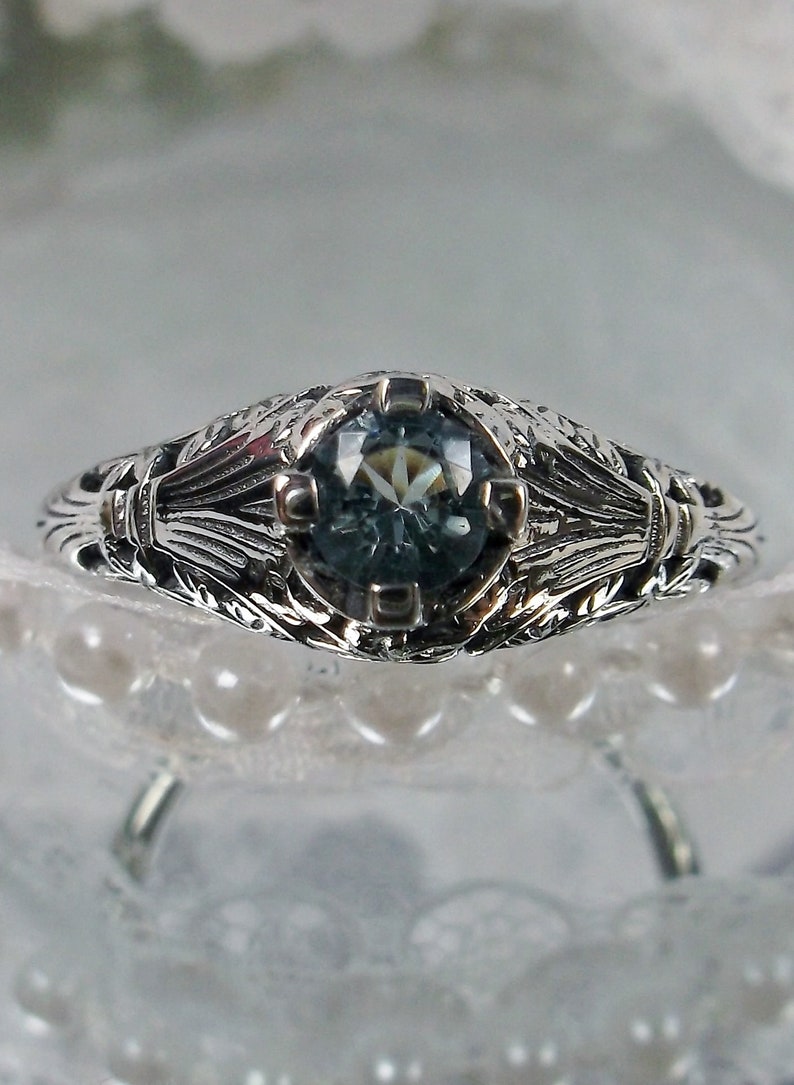 Natural Blue Topaz Ring Sterling Silver Natural Topaz or Aquamarine Edwardian Floral Wedding Leaf Filigree Design#154 Made To Order