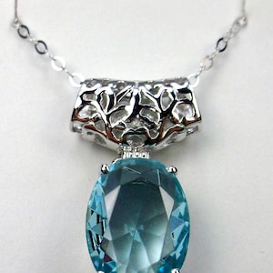 Sky Blue Pendant Necklace Oval Simulated Aquamarine Gemstone Sterling Silver Filigree jewelry [In Stock] #P35