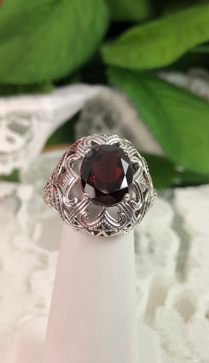 Custom Made Silver Deco Swirl Filigree Design#168 Natural Garnet Ring Solid Sterling Silver Oval 3.63ct Natural Garnet