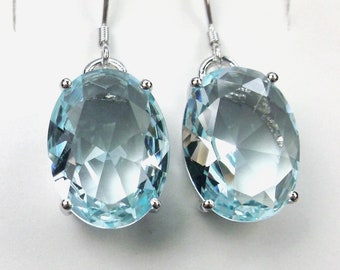 Aquamarine Blue Earrings 925 Sterling Silver | Oval Simulated Aquamarine Or Natural Topaz Gem Dangle Drop Filigree [Custom Made] Design#E35