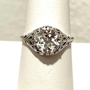 Natural White Topaz Ring | Size 8.5 | Solitaire Wedding Ring Sterling Silver 925 Round Topaz Art Nouveau Leaf Filigree [In Stock] Design#198