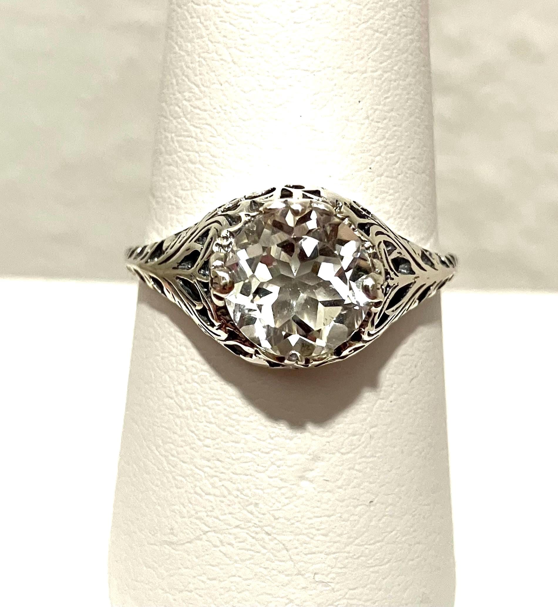 Natural White Topaz Ring | Size 8.5 | Solitaire Wedding Ring Sterling Silver 925 Round Topaz Art Nouveau Leaf Filigree [In Stock] Design#198