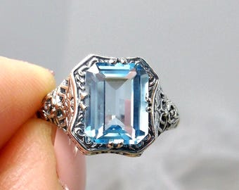 Natural Blue Topaz Ring | Size 4 | Sterling Silver 925 Gen 2.8ct Topaz Edwardian Lovely Rectangle Filigree Ring [In Stock] Design#148