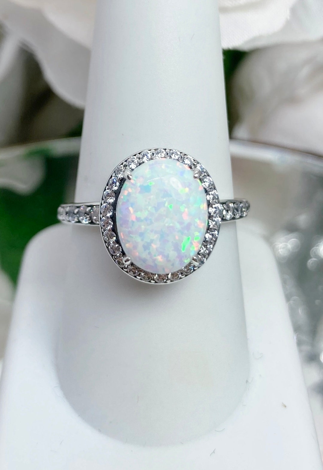 Opal Ring/ Sterling Silver/ 3ct Oval Cut Simulated Opal & White CZ Pavé  Accents Halo Art Deco Filigree custom Made Design228 - Etsy Canada