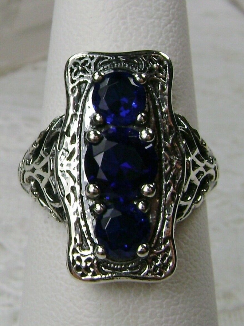 Design#60 In Stock 3Stone Edwardian Art Deco Filigree Sapphire Ring Size 7-Solid Sterling Silver Simulated Blue Sapphire