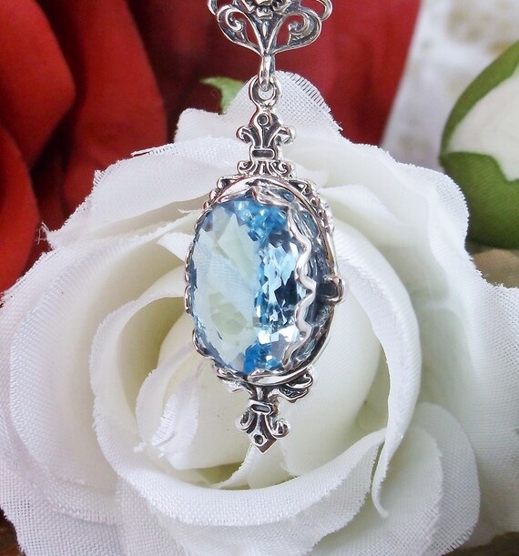 Aquamarine Pendant/ Sterling Silver/ Simulated Aquamarine