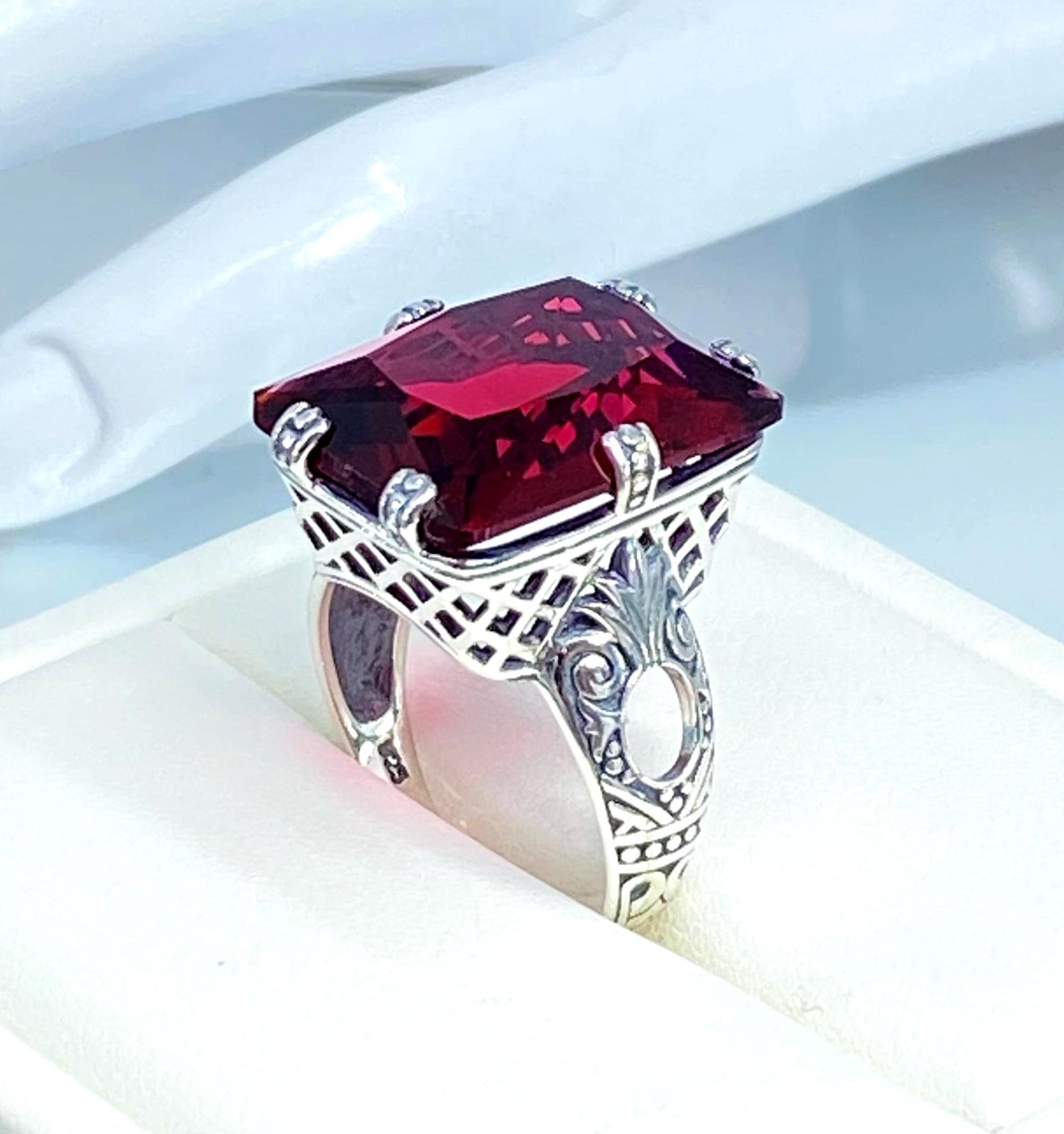 Ruby Ring | 925 Sterling Silver | Big 30ct Simulated Red Gem Art