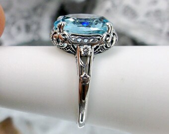 Sky Blue Simulated Aquamarine & Zirconia Ring In Sterling Silver – 7.24 Ct Emerald Cut