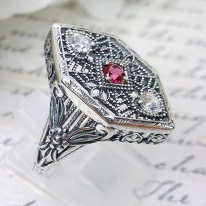Red Ruby Ring/ Solid Sterling Silver/ Simulated Red Ruby & White Cubic Zirconia, Art Deco Jewelry, Charlotte [Custom Made] Design#231