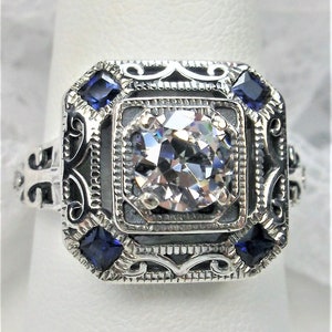 Sapphire Blue Gem Ring | Sterling Silver | Simulated Sapphire & White CZ Gem 1930s Art Deco Gatsby Filigree Ring [Custom Made] Design#68