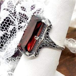 Red Garnet CZ Ring 925 Sterling Silver/ 7ct Baguette Cut