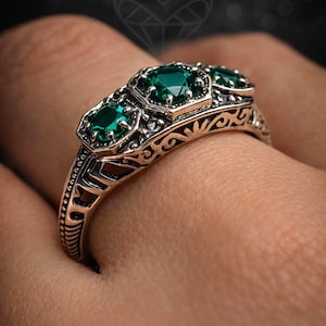 Green Emerald Ring • Sterling Silver • Simulated or Natural Emerald Gemstone • Dainty 3Stone Art Deco Filigree [Made To Order] Design#161