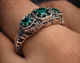 Green Emerald Ring • Sterling Silver • Simulated or Natural Emerald Gemstone • Dainty 3Stone Art Deco Filigree [Made To Order] Design#161