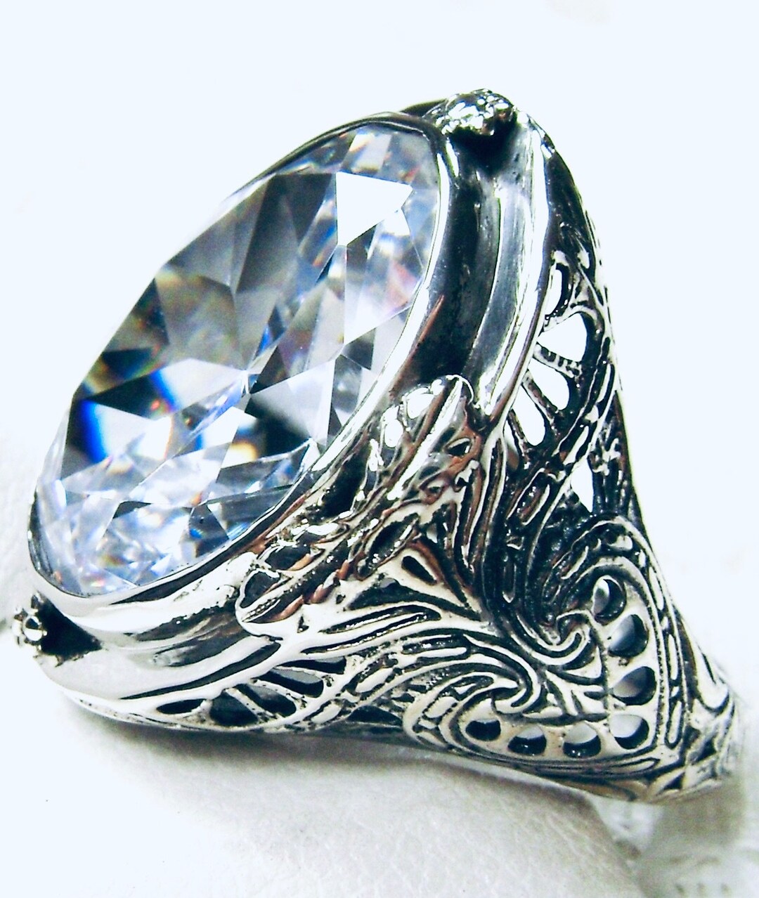 White CZ Ring/ Sterling Silver 16ct Oval Faceted White Cubic Zirconia, Silver Victorian Revival Jewelry custom Made Design2 - Etsy White CZ Ring/ Sterling Silver 16ct Oval Faceted White Cubic Zirconia, Silver Victorian Revival Jewelry custom Made Design2 - Etsy