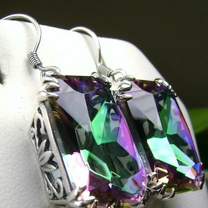 Mystic Topaz Earrings, Simulated Rainbow Gems, Floral Leaf Sterling Silver Filigree [Custom Made] Design#E109