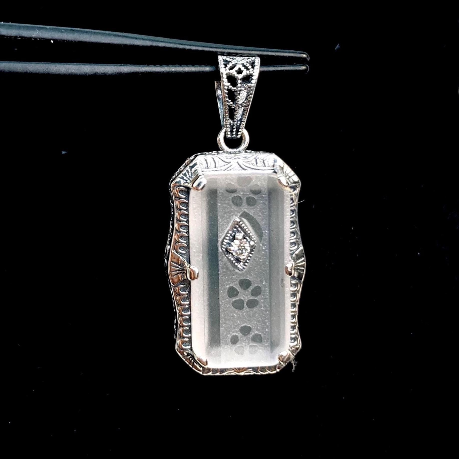 Art Deco Filigree Camphor Glass Pendant • Inset CZ, Moissanite, or 