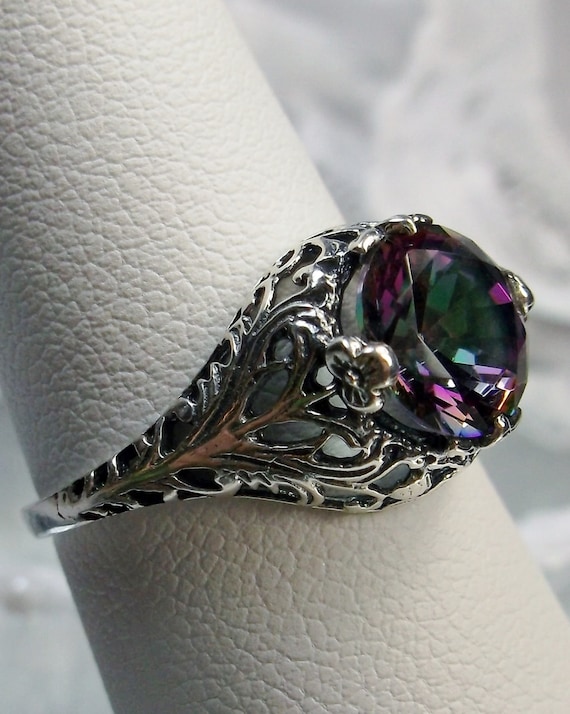 Mystic Topaz Ring, 2ct Round Cut Gem, Sterling Silver Floral