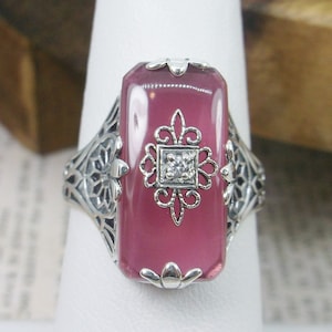 Rose Camphor Glass Ring/ Sterling Silver/ Embellished Inset Stone w/ CZ, Moissanite, or Diamond Grace Filigree [Custom Made] Design#233