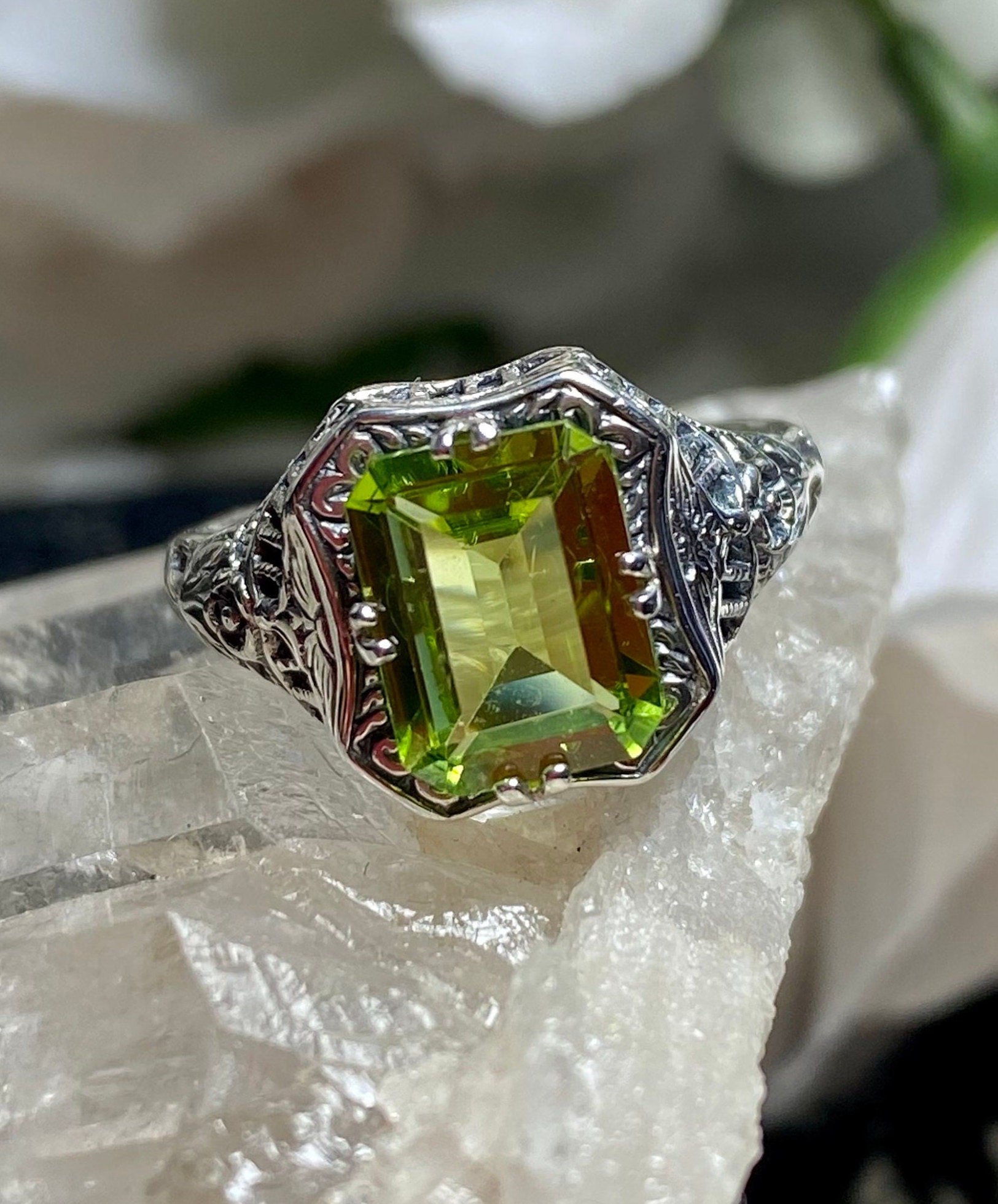 Natural Peridot Ring Size 9 / Sterling Silver/ Natural Green