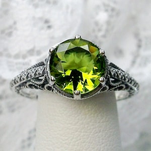 Peridot Ring Solid Sterling Silver 2ct Round Cut Green Peridot Silver Intricate Spade Filigree [Custom Made] Design#167