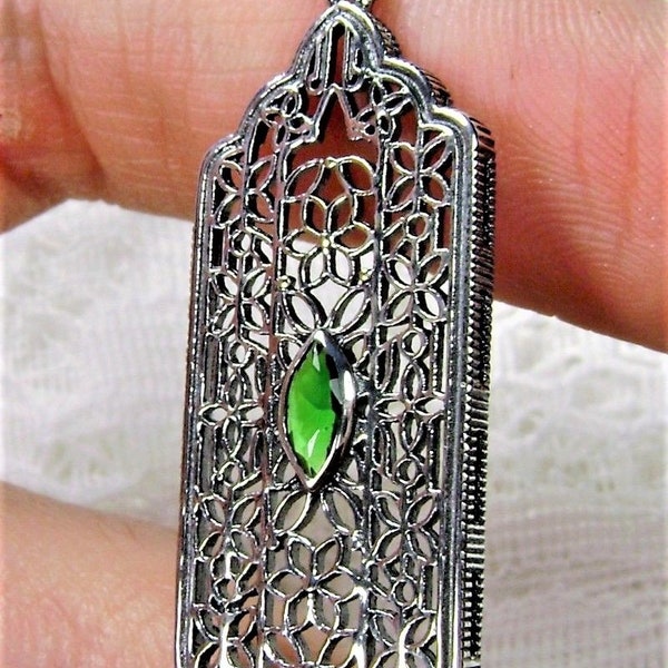 Emerald Necklace Pendant Sterling Silver/ Marquise Simulated Green Emerald, Art Deco Filigree Necklace [Custom Made] Design#P23
