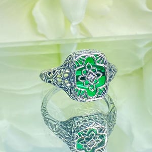 Emerald Camphor Glass & Moissanite Ring | Size 6 | Solid Sterling Silver Green Camphor Glass Art Deco Filigree [In Stock] Design#204