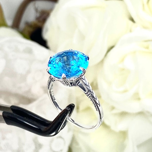 Topaz Ring, Natural Swiss Blue Solitaire, Sterling Silver Filigree, Classic Jewelry [Custom Order] #D37